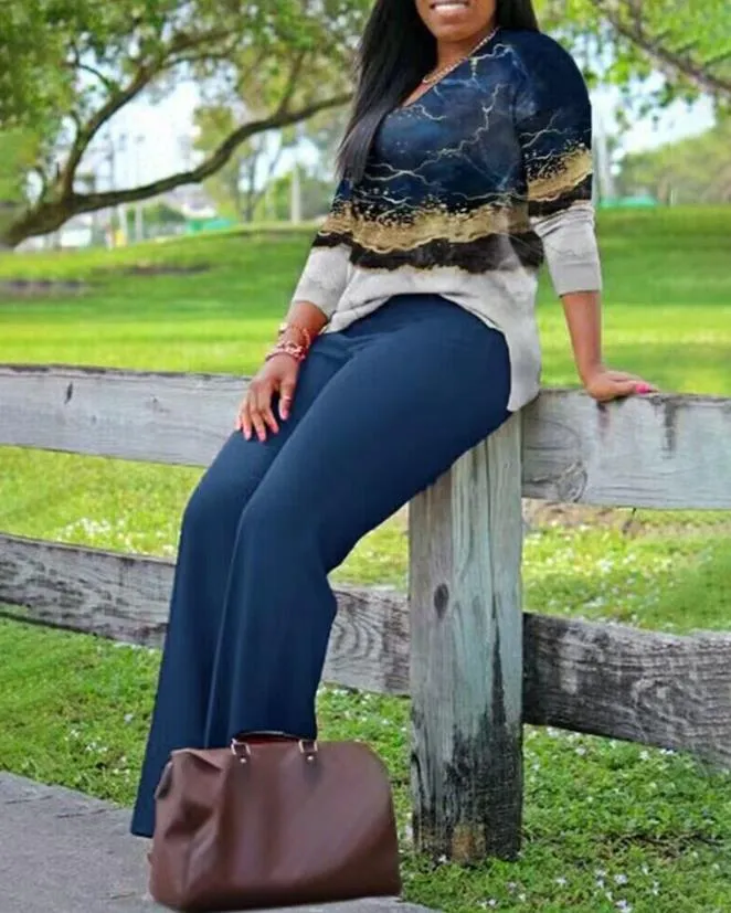 Two Piece Sets Womens Outifits 2023 Spring Fashion Marble Print V-Neck Long Sleeve Top &amp; Casual High Waist Daily Long Pants Set