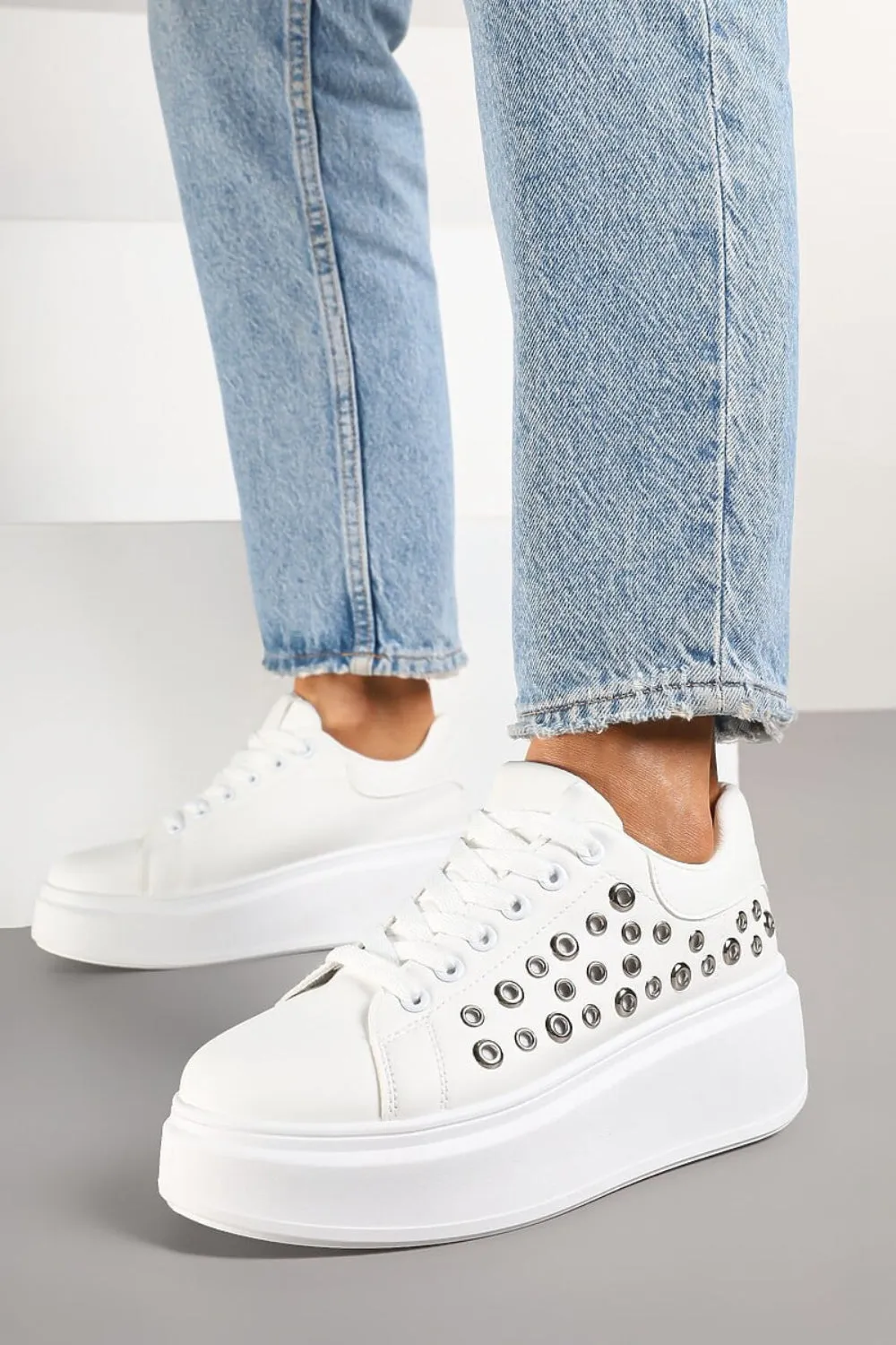 WHITE LACE UP SIDE DETAIL CHUNKY STYLISH FLAT TRAINERS