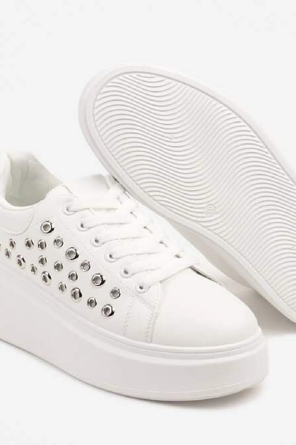WHITE LACE UP SIDE DETAIL CHUNKY STYLISH FLAT TRAINERS