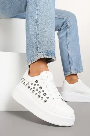WHITE LACE UP SIDE DETAIL CHUNKY STYLISH FLAT TRAINERS
