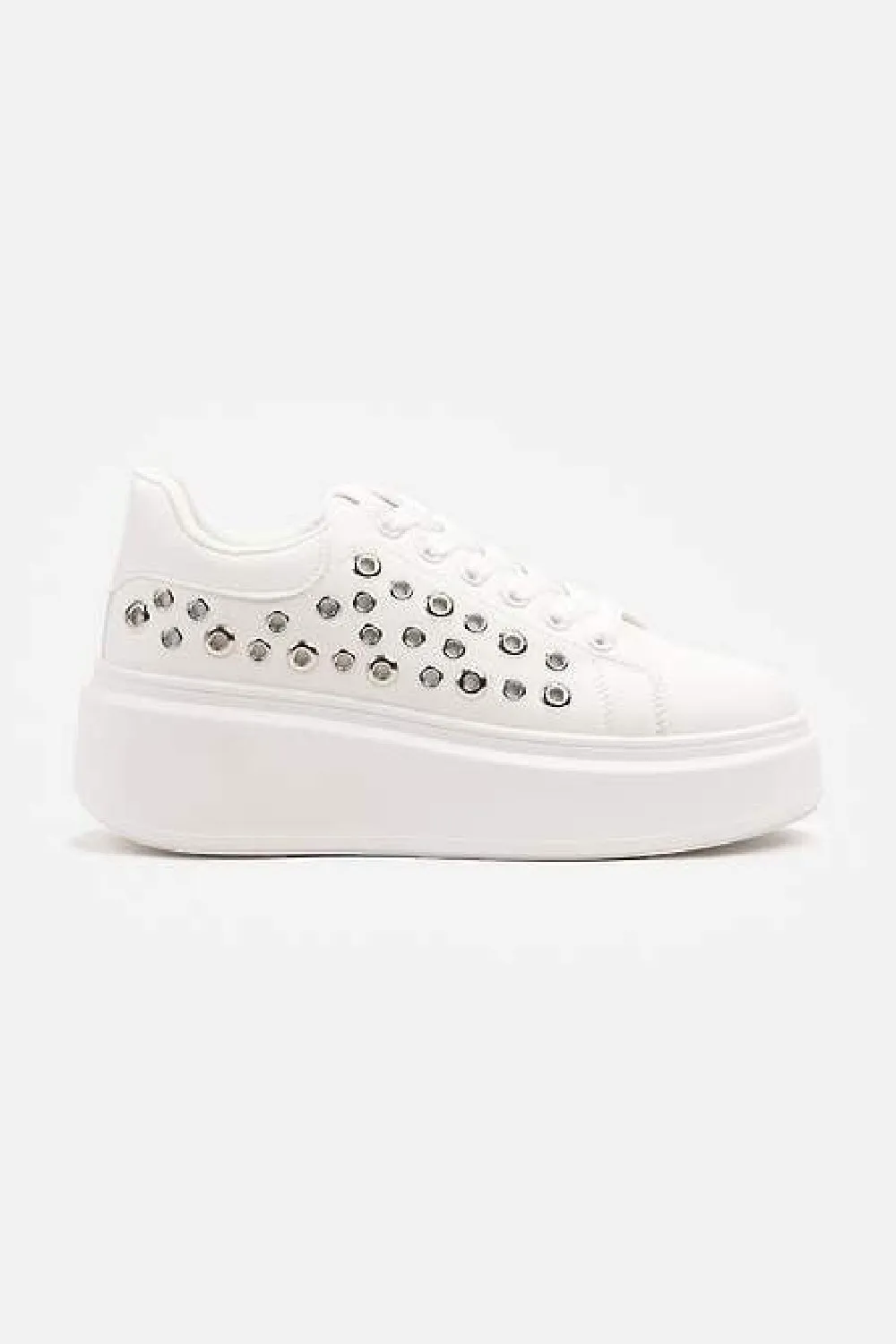 WHITE LACE UP SIDE DETAIL CHUNKY STYLISH FLAT TRAINERS