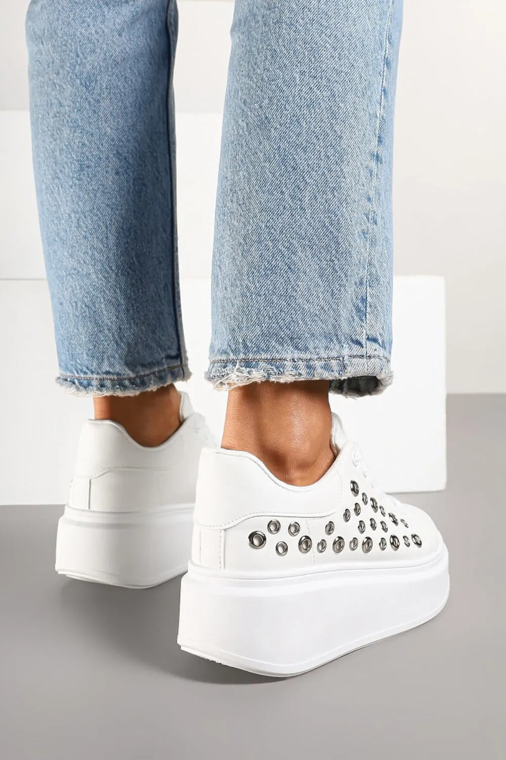 WHITE LACE UP SIDE DETAIL CHUNKY STYLISH FLAT TRAINERS