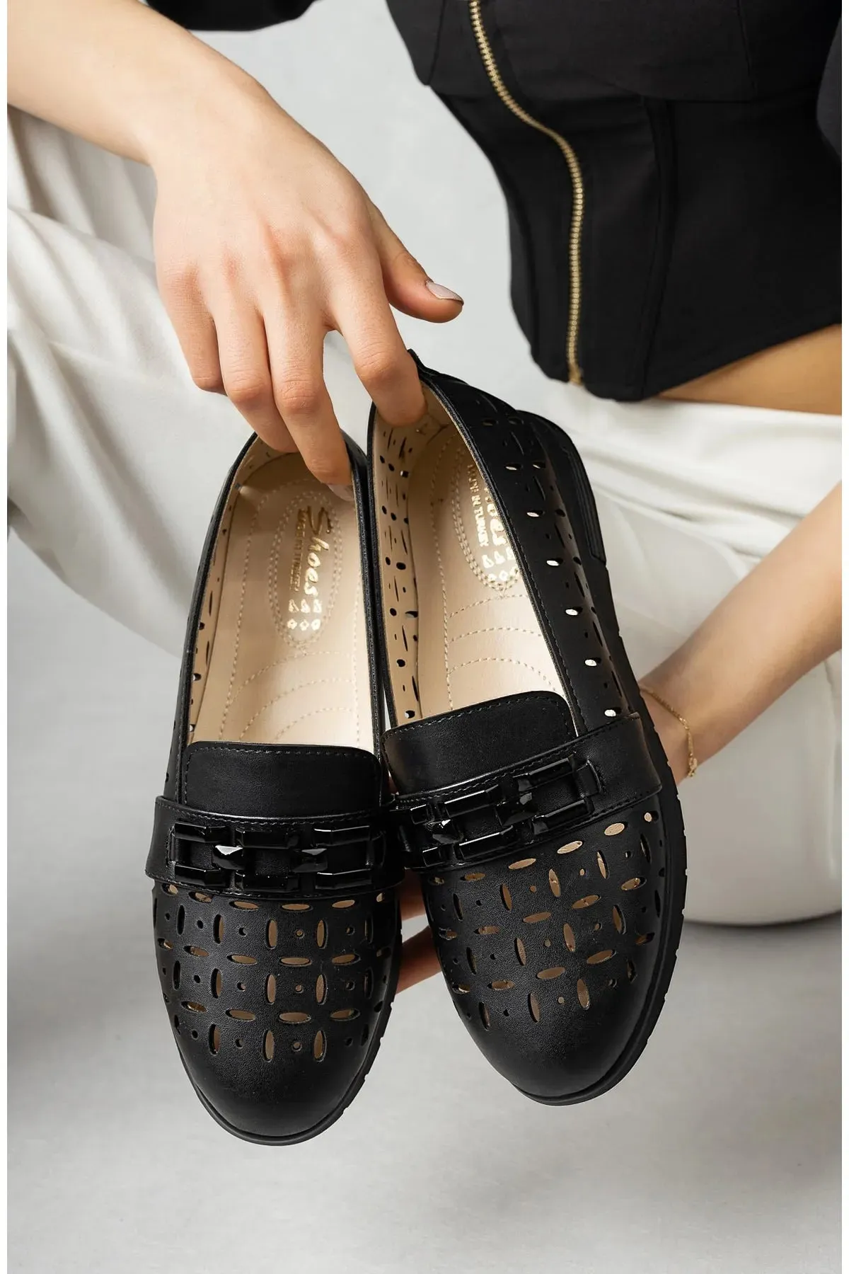 Women's Leather Lightweight Comfortable Black Ballerina