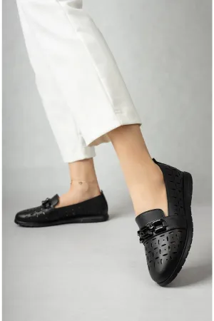 Women's Leather Lightweight Comfortable Black Ballerina