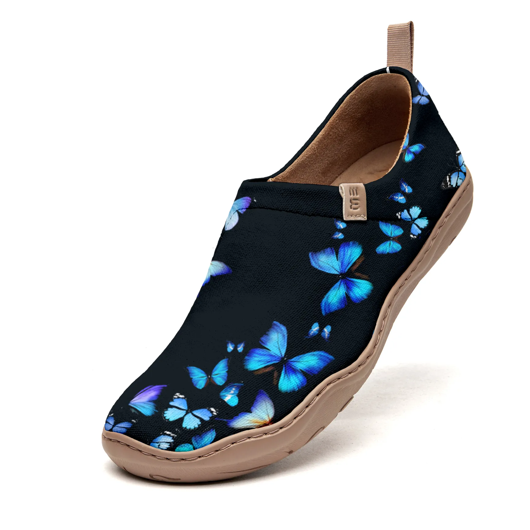 Yiume Women's Art Slip-On Casual Canvas Shoes Black And Blue Butterfly Painted,100% Cotton