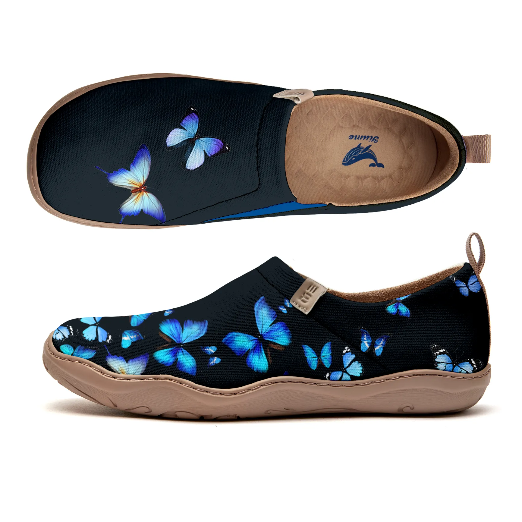 Yiume Women's Art Slip-On Casual Canvas Shoes Black And Blue Butterfly Painted,100% Cotton