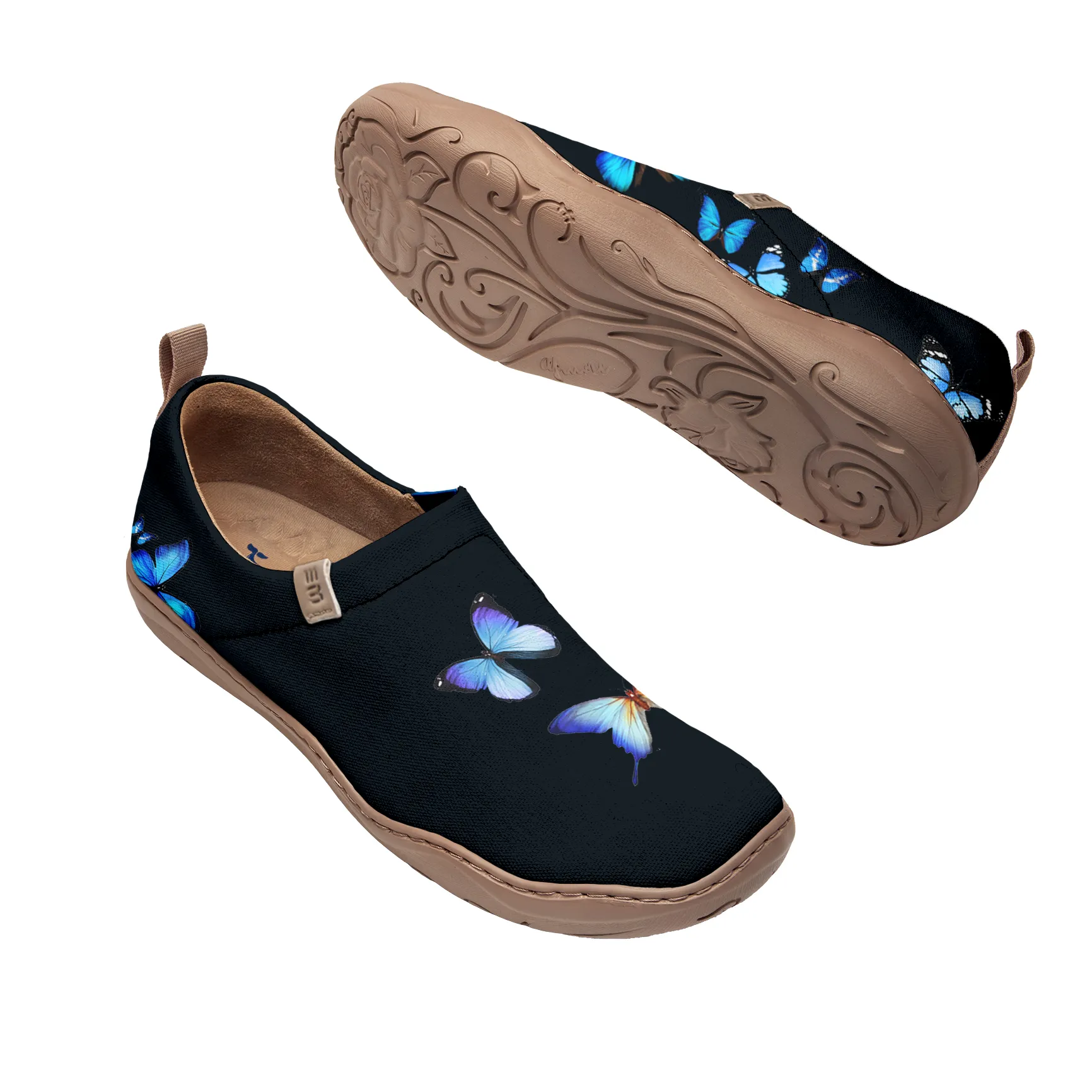 Yiume Women's Art Slip-On Casual Canvas Shoes Black And Blue Butterfly Painted,100% Cotton