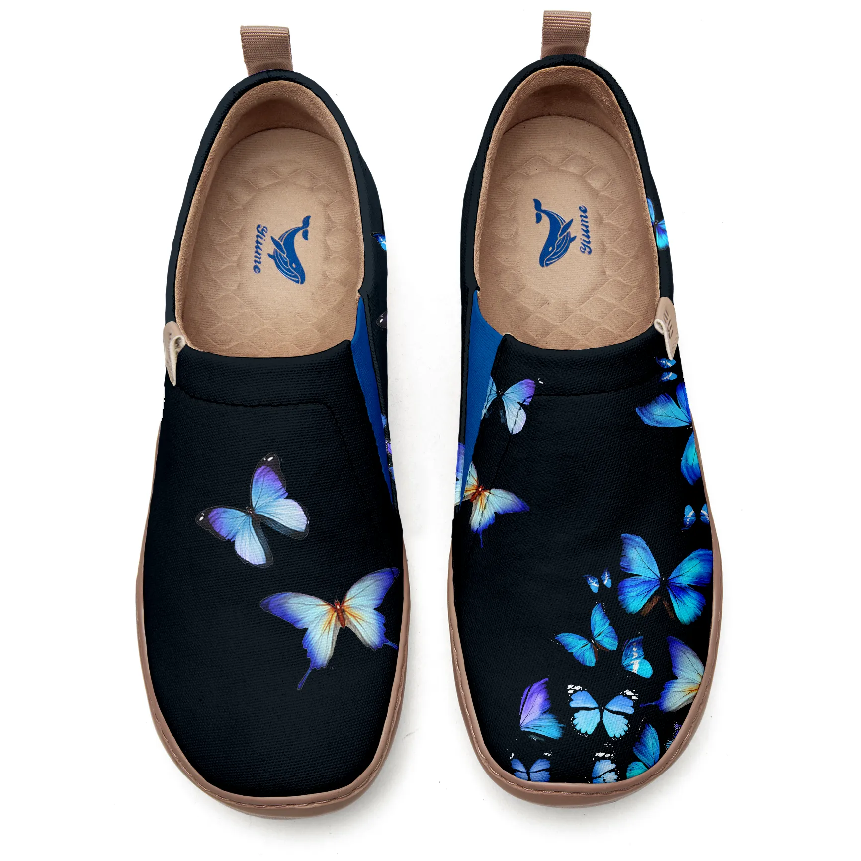 Yiume Women's Art Slip-On Casual Canvas Shoes Black And Blue Butterfly Painted,100% Cotton