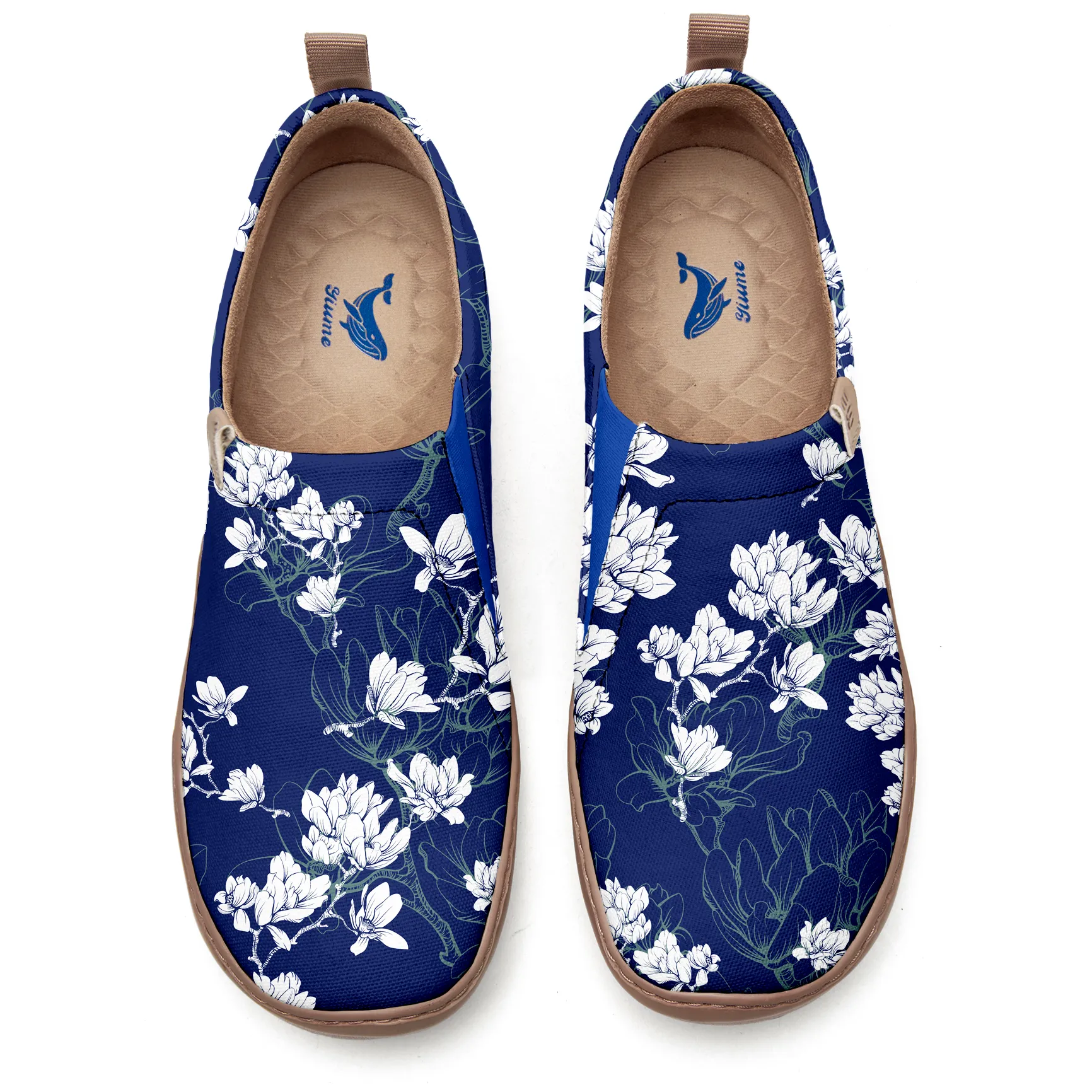 Yiume Women's Art Slip-On Casual Canvas Shoes Blue White Magnolia Print Painted,100% Cotton