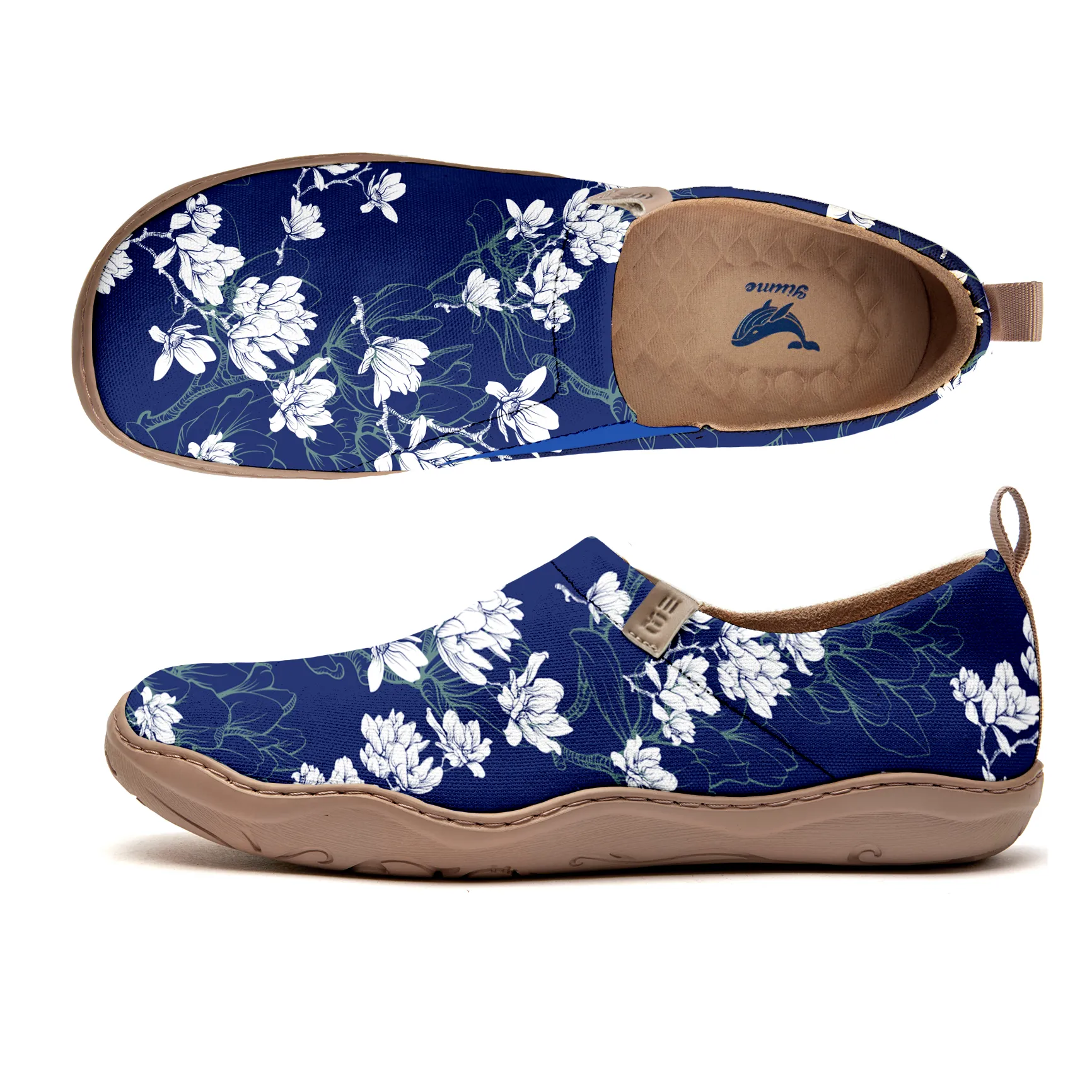 Yiume Women's Art Slip-On Casual Canvas Shoes Blue White Magnolia Print Painted,100% Cotton