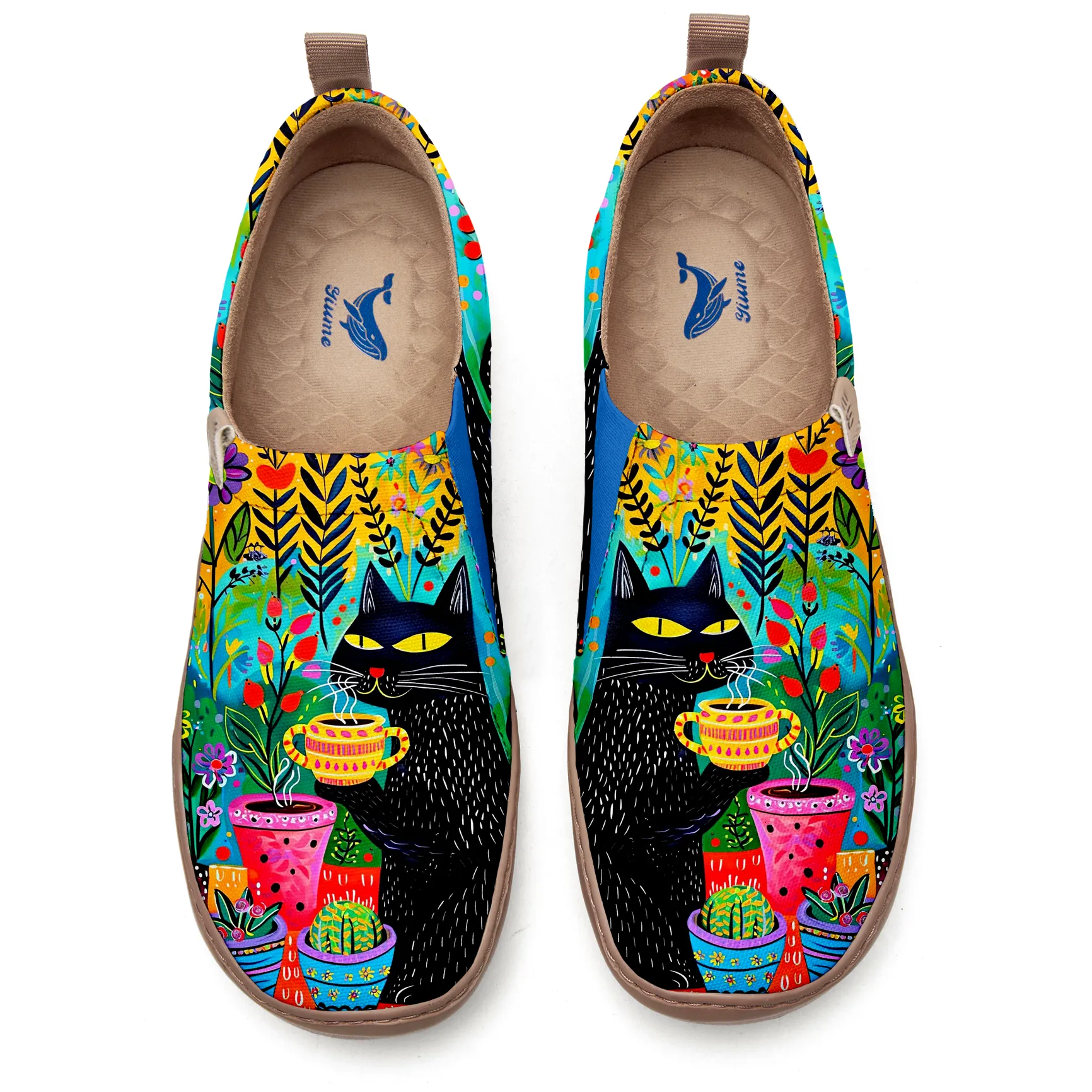 Yiume Women's Art Slip-On Casual Canvas Shoes Colorful Cat Coffee Painted,100% Cotton
