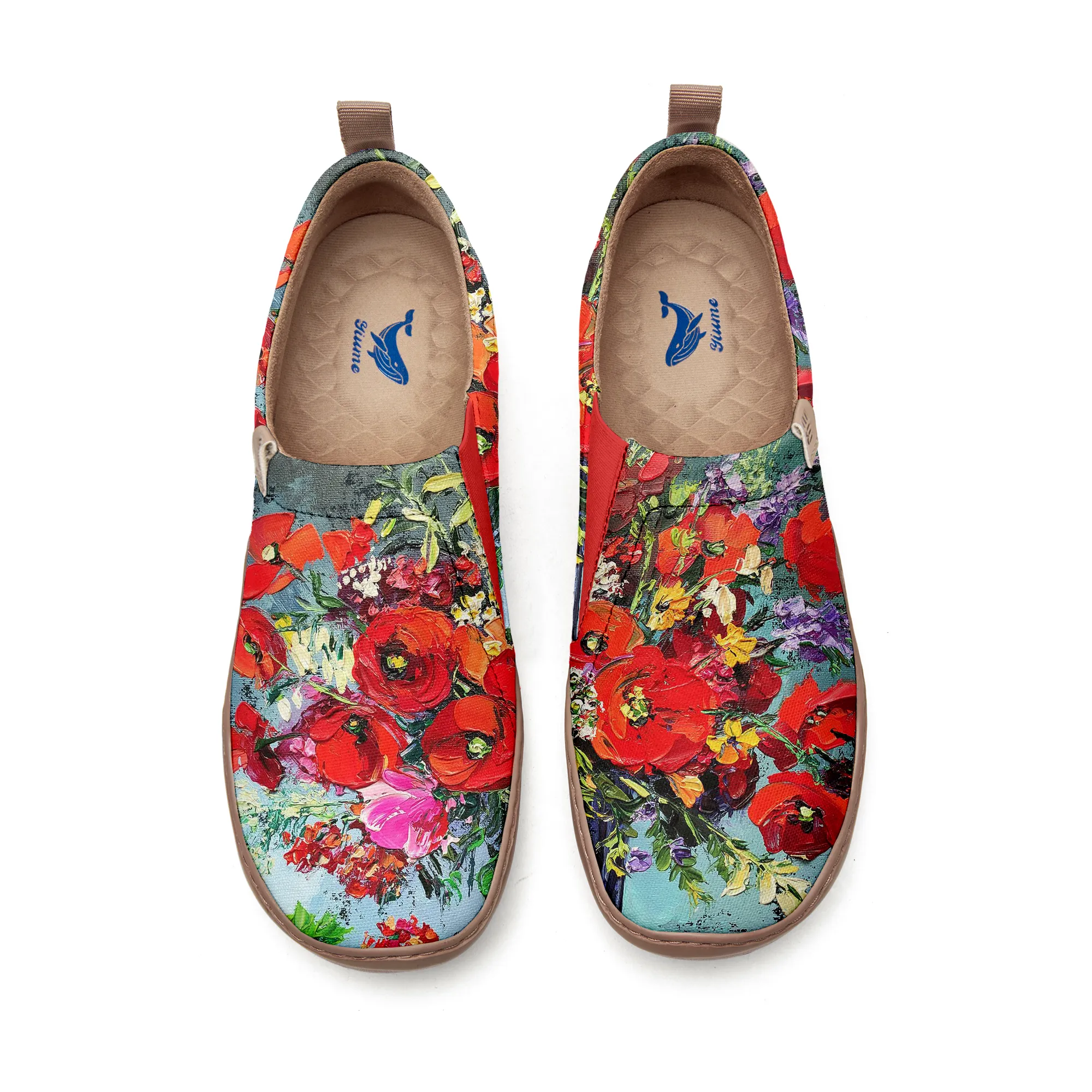 Yiume Women's Art Slip-On Casual Canvas Shoes Red Oil Painting Flowers Painted,100% Cotton